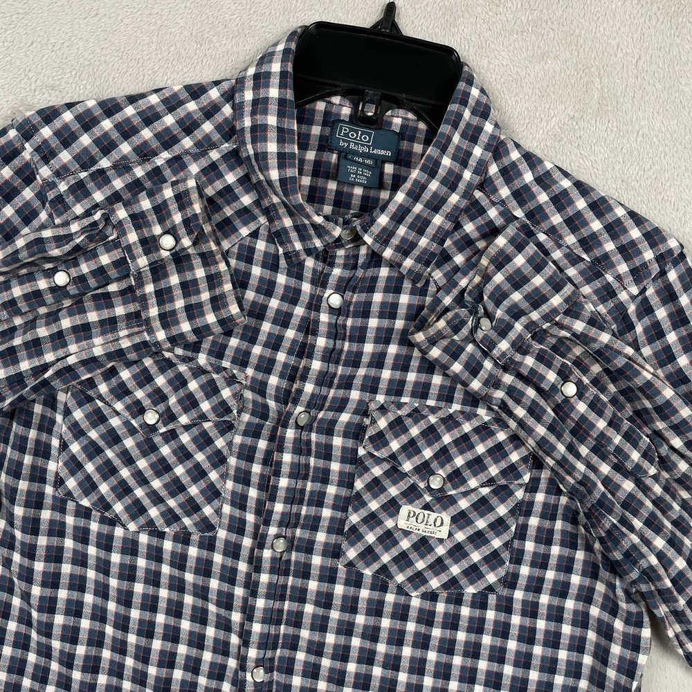 Vintage Polo Ralph Lauren Pearl Snap Shirt Boys Large Plaid Western Pockets